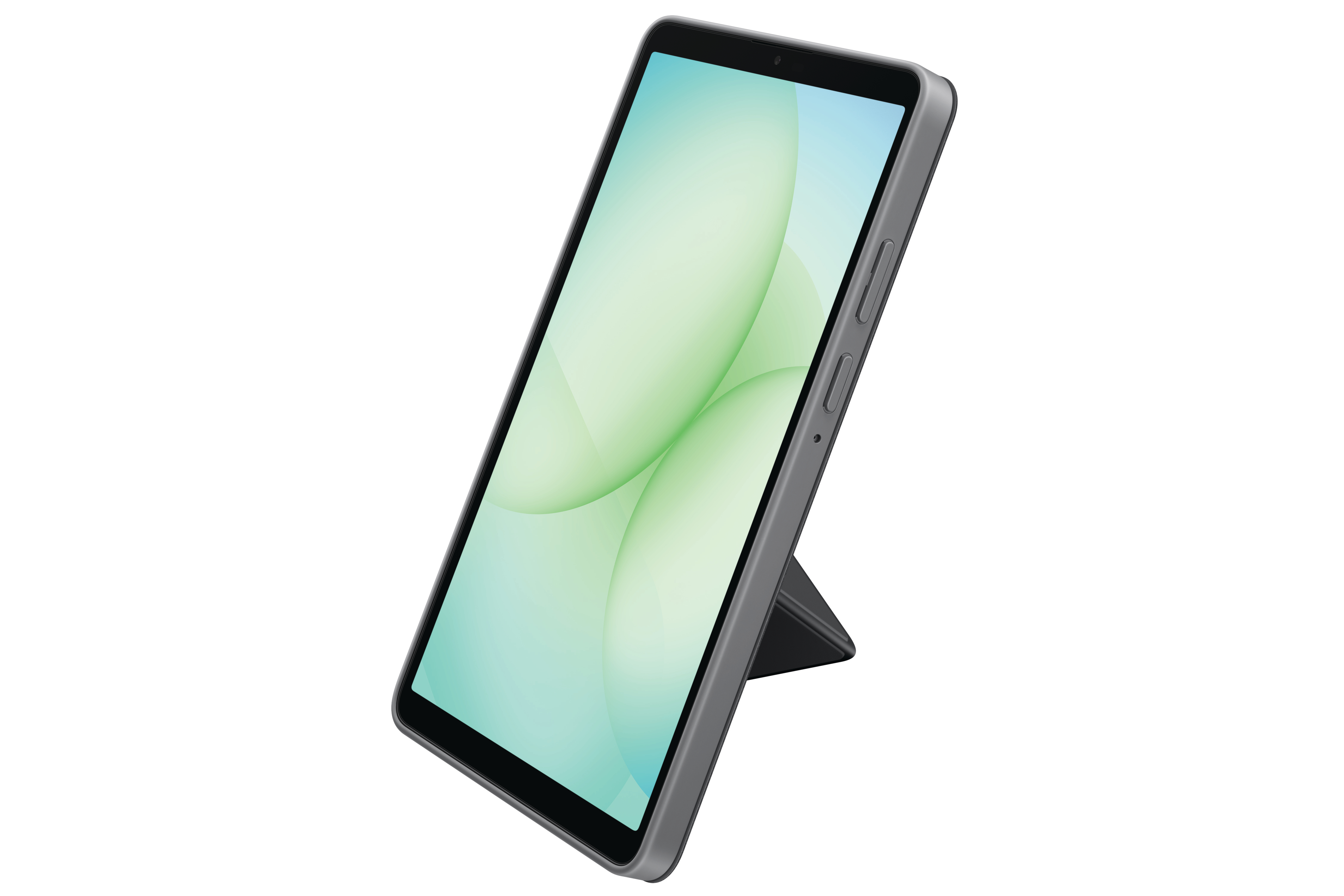 Angeschrägtes Tablet auf einem Ständer. Der Bildschirm zeigt einen grün-blauen Farbverlauf. Das Tablet ist grau und hat Knöpfe.