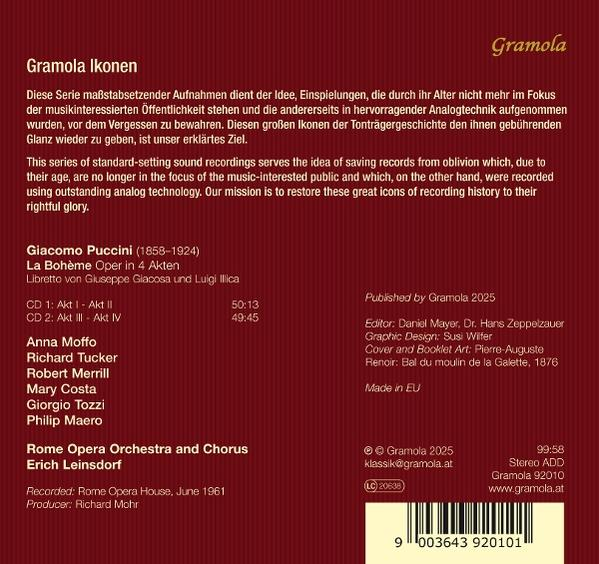 CD-Cover. Roter Hintergrund mit Text über eine Aufnahme der Oper La Bohème.