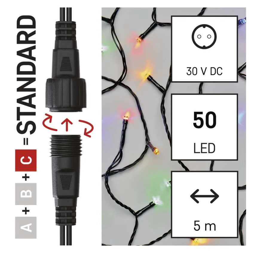 A képen egy csatlakozó, füzérfények és specifikációk láthatók: 30 V DC, 50 LED és 5 méter. A csatlakozón nyilak vannak. A fények színesek.