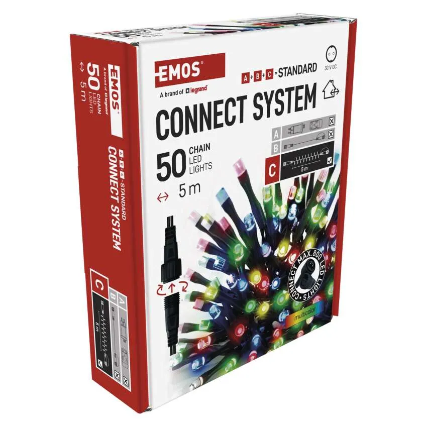 EMOS Connect System LED lámpák doboza, 50 lámpa egy 5 m-es láncon. Többszínű lámpák láthatók.