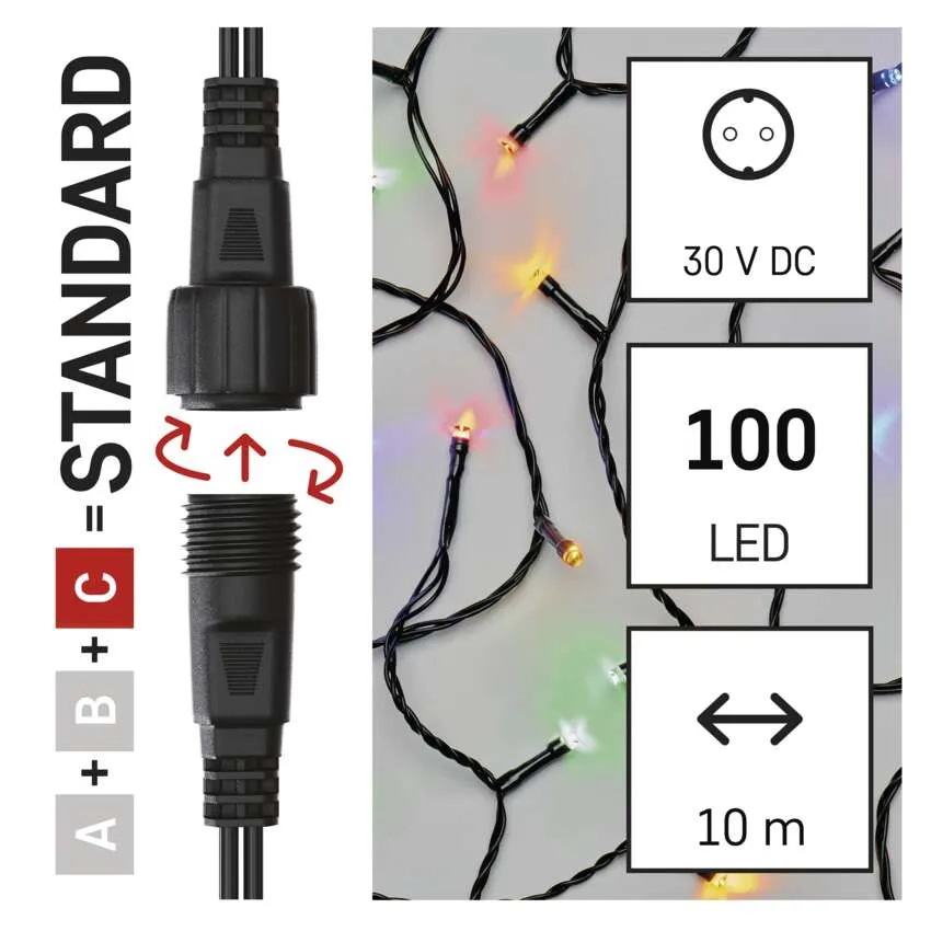 A képen egy csatlakozó és LED-lámpák láthatók. Részletek: 30V DC, 100 LED, 10m hossz. A csatlakozó részletei bal oldalon.