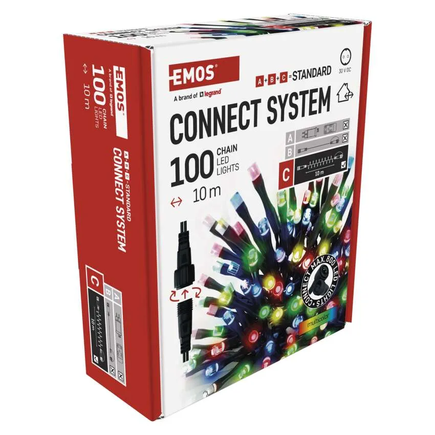EMOS Connect System LED-es lámpák doboza, 100 lámpa, többszínű, 10m. Piros-fehér doboz termékadatokkal.