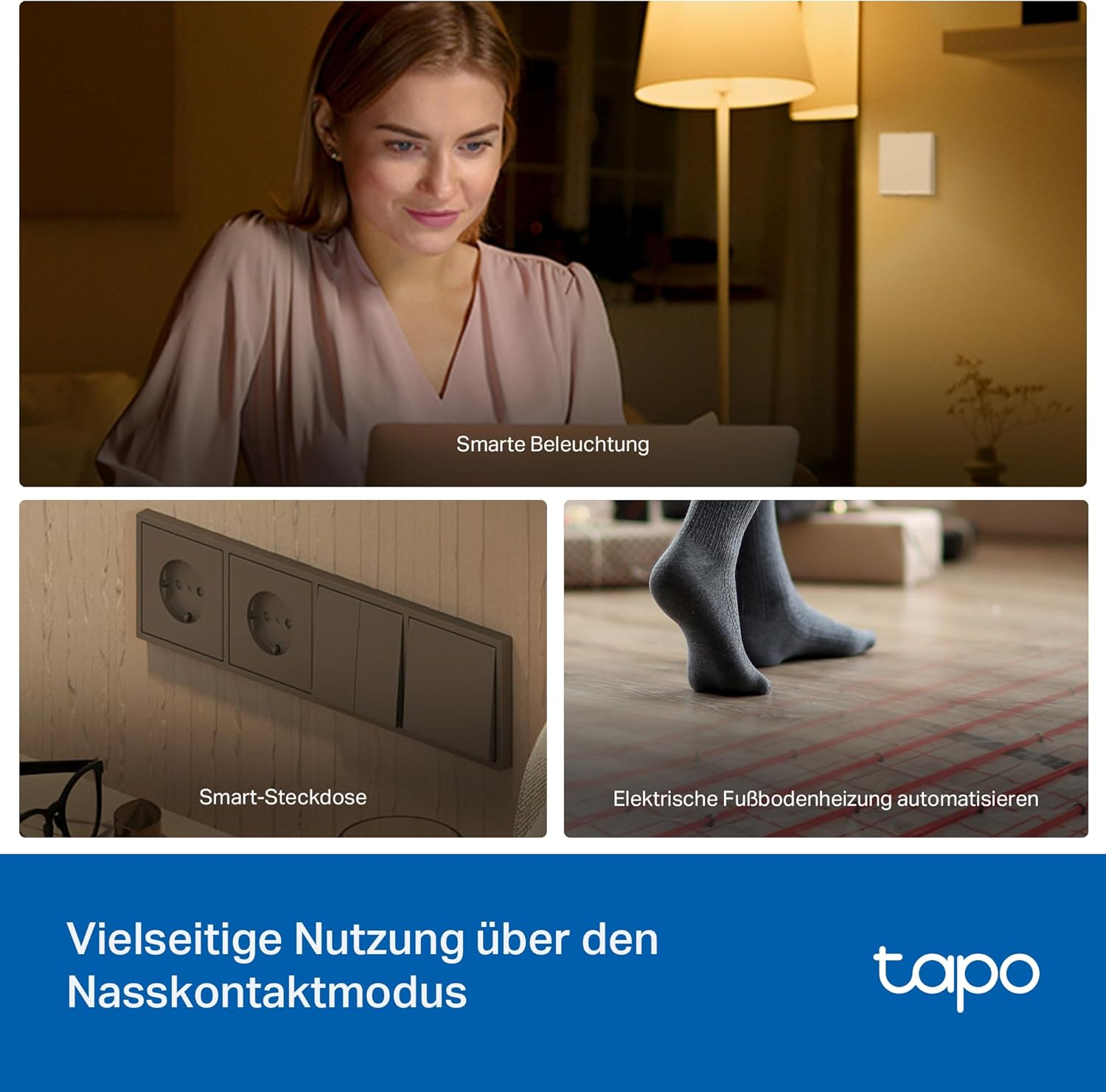 Frau mit Laptop, Smart-Steckdose und Fußwärmer. Zeigt Smart-Home-Funktionen. Das Tapo-Logo ist unten.