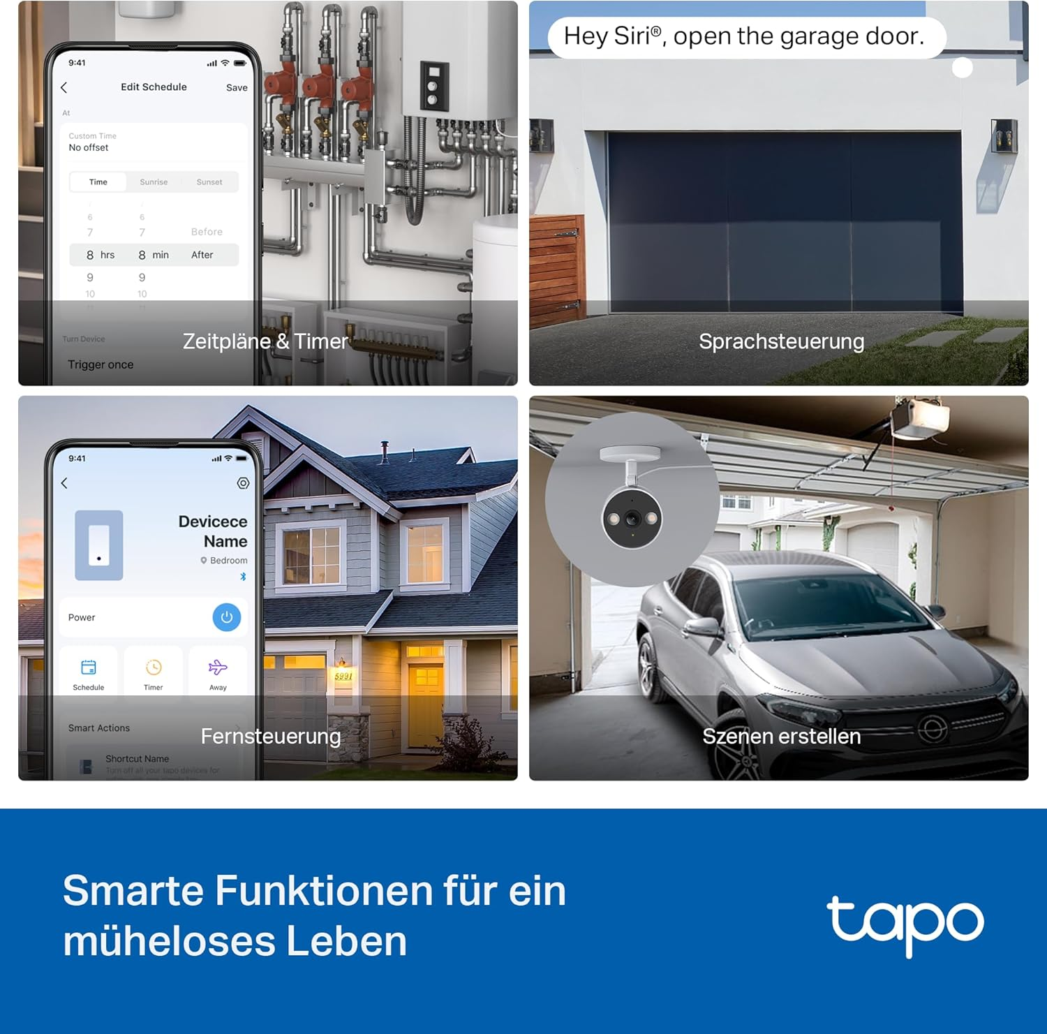 Das Bild zeigt Smart-Home-Funktionen. Es gibt Screenshots einer Telefon-App und Garagensteuerung. Das Tapo-Logo ist unten.