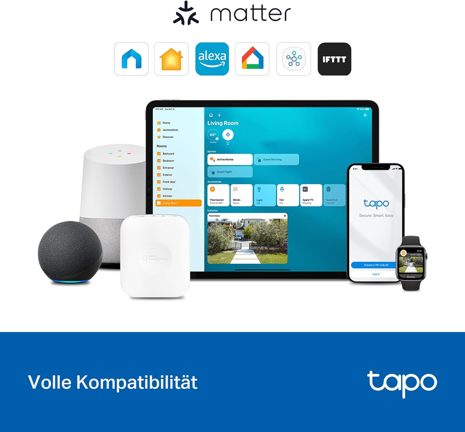 Smart-Home-Geräte, darunter ein Tablet, intelligente Lautsprecher, eine Smartwatch und verschiedene App-Symbole mit dem Text 'Volle Kompatibilität'.