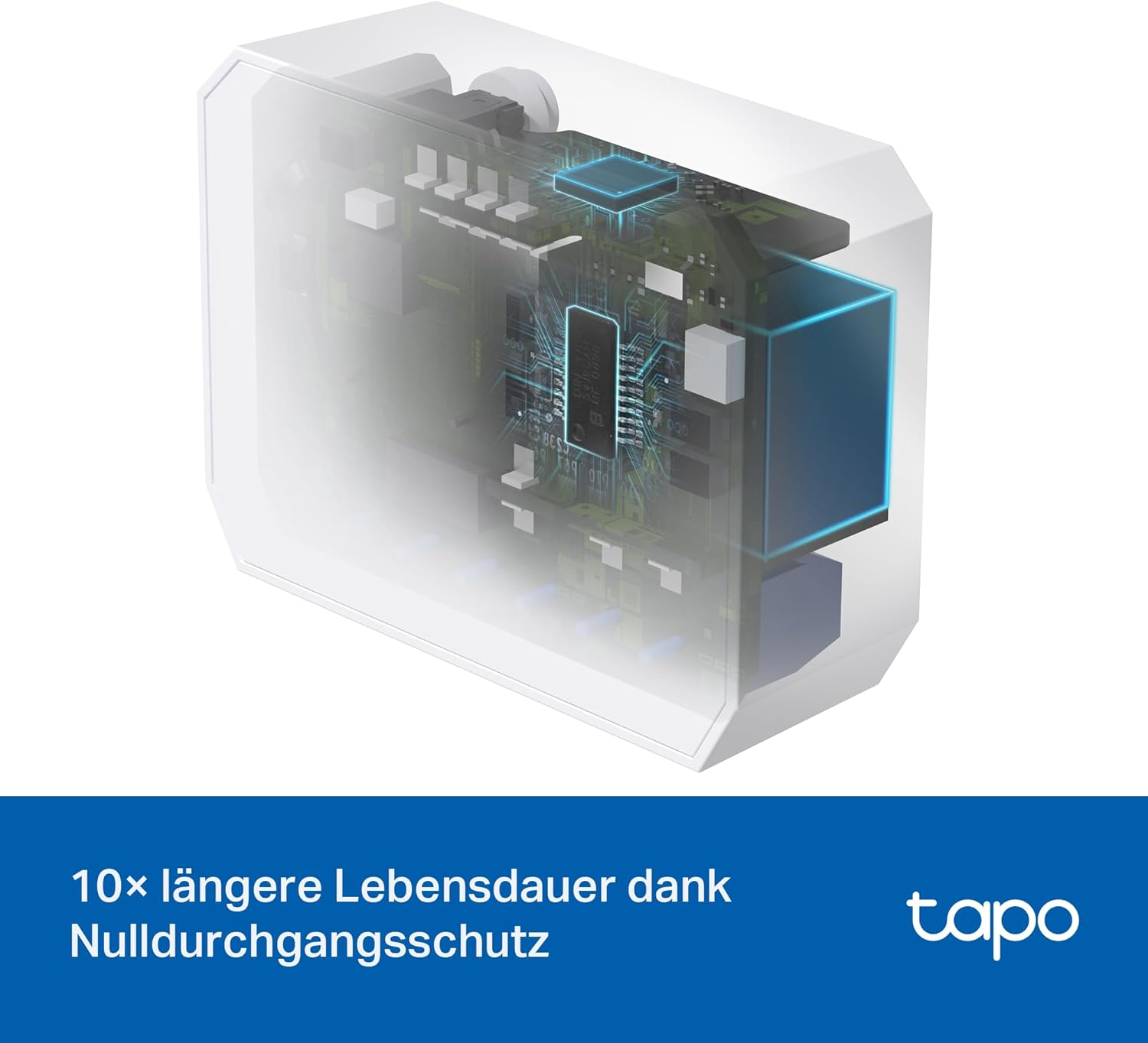 Ein transparentes Gerät mit internen Schaltkreisen, blauen Akzenten und Text unten. Das Tapo-Logo befindet sich rechts.