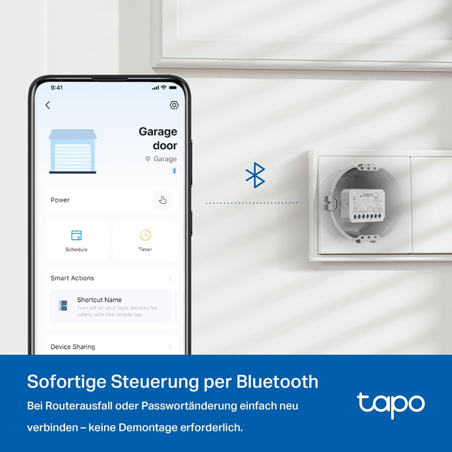Smartphone mit Garagentor-App. Bluetooth-Symbol verbindet sich mit einem Wandschalter. Text: Sofortige Steuerung per Bluetooth.