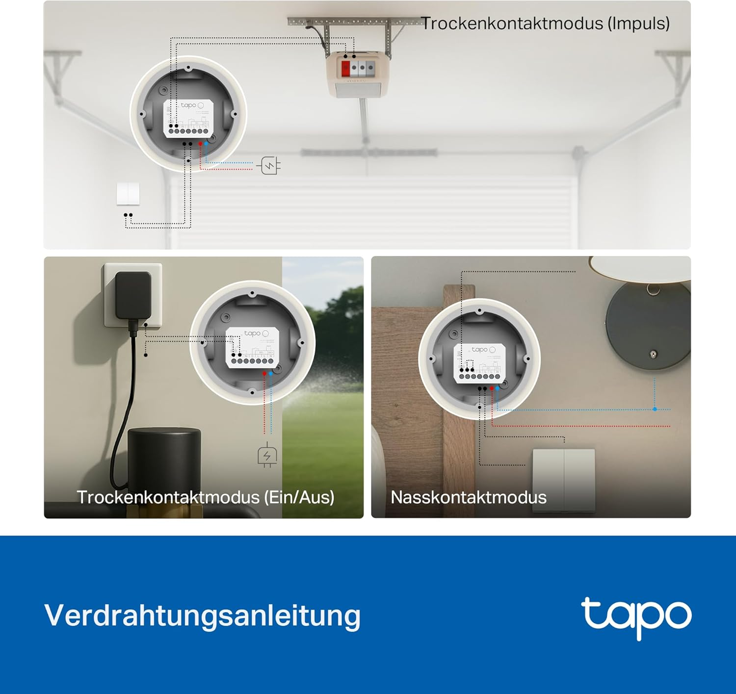 Diagramm mit drei Tapo Smart-Home-Geräten. Verdrahtungspläne sind enthalten, mit Beschriftungen auf Deutsch, die verschiedene Modi zeigen.