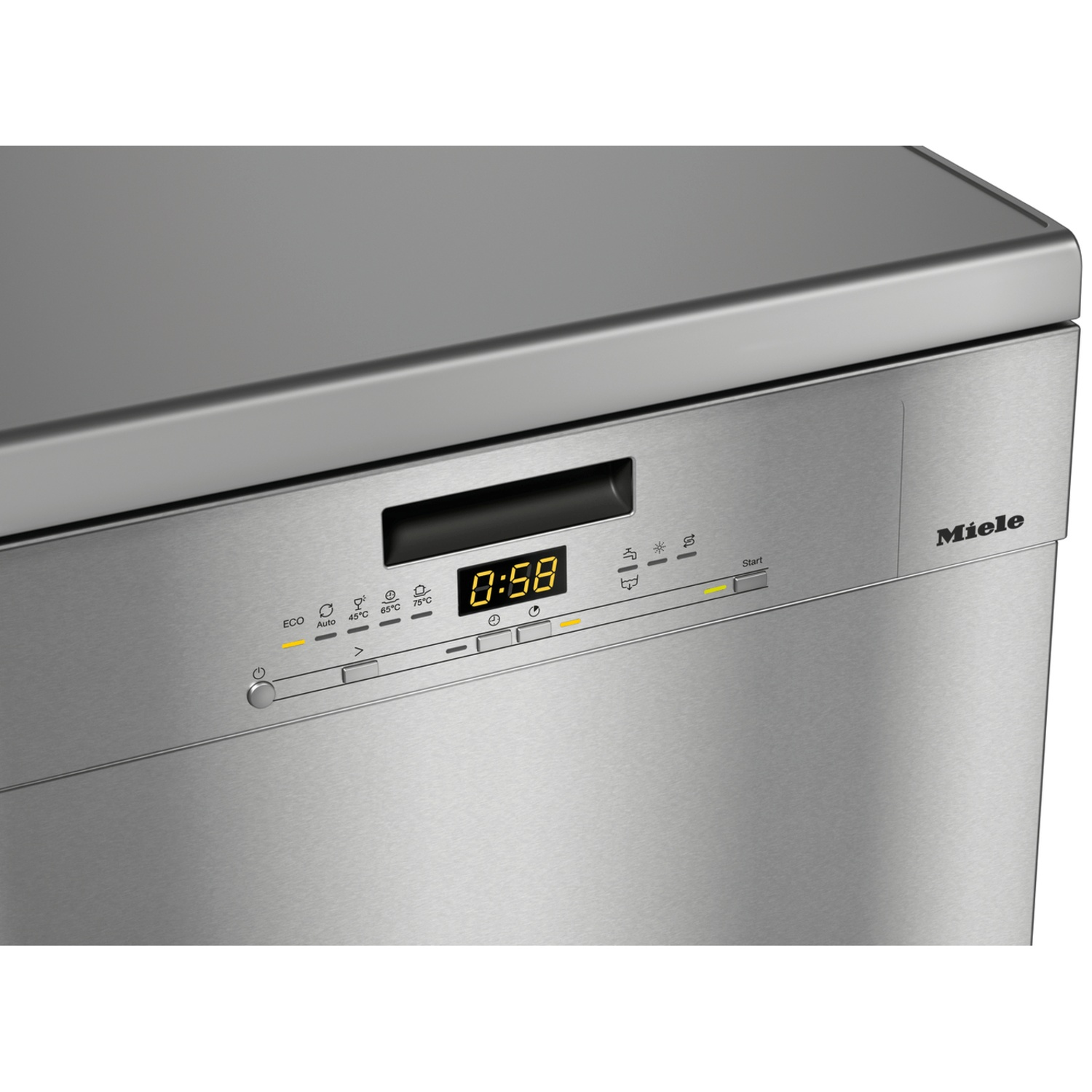 A close-up of a stainless steel Miele dishwasher control panel. It shows a timer display, various function buttons and a start button.