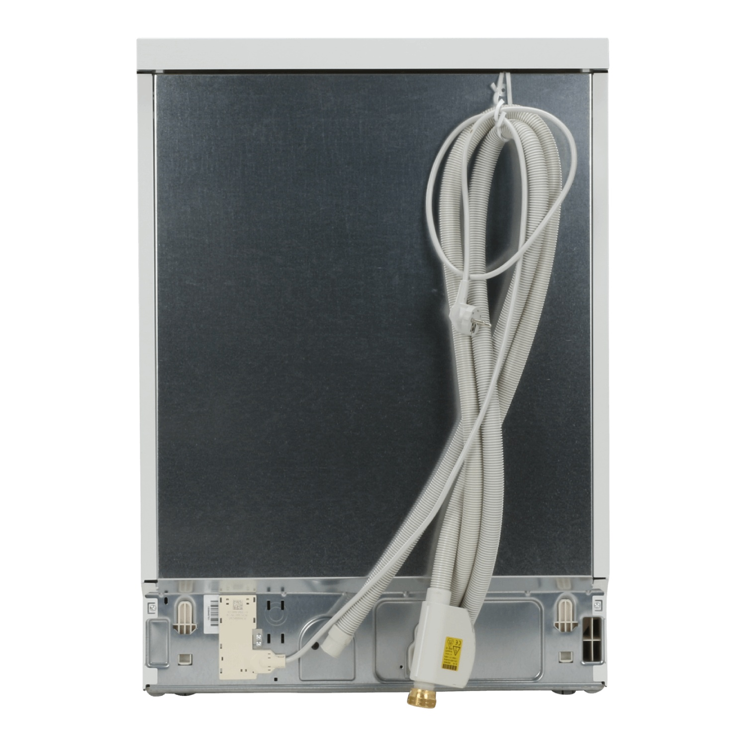 The back of a dishwasher. White corrugated hoses are attached. There is a metal back panel and white trim. Electrical components are visible.