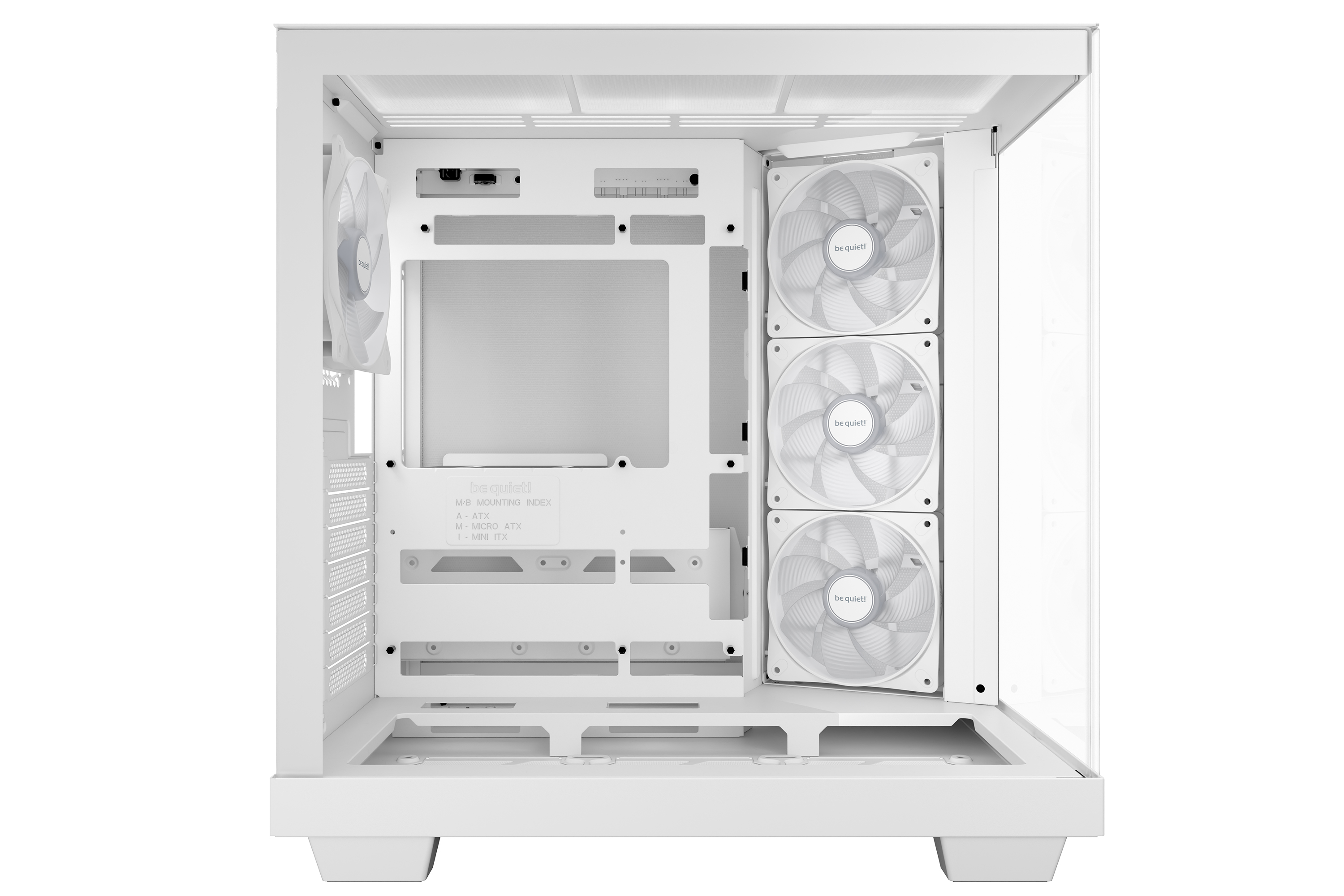Weißes Computergehäuse. Drei Lüfter rechts. Be quiet!-Logo. ATX, Micro ATX und Mini ITX kompatibel.