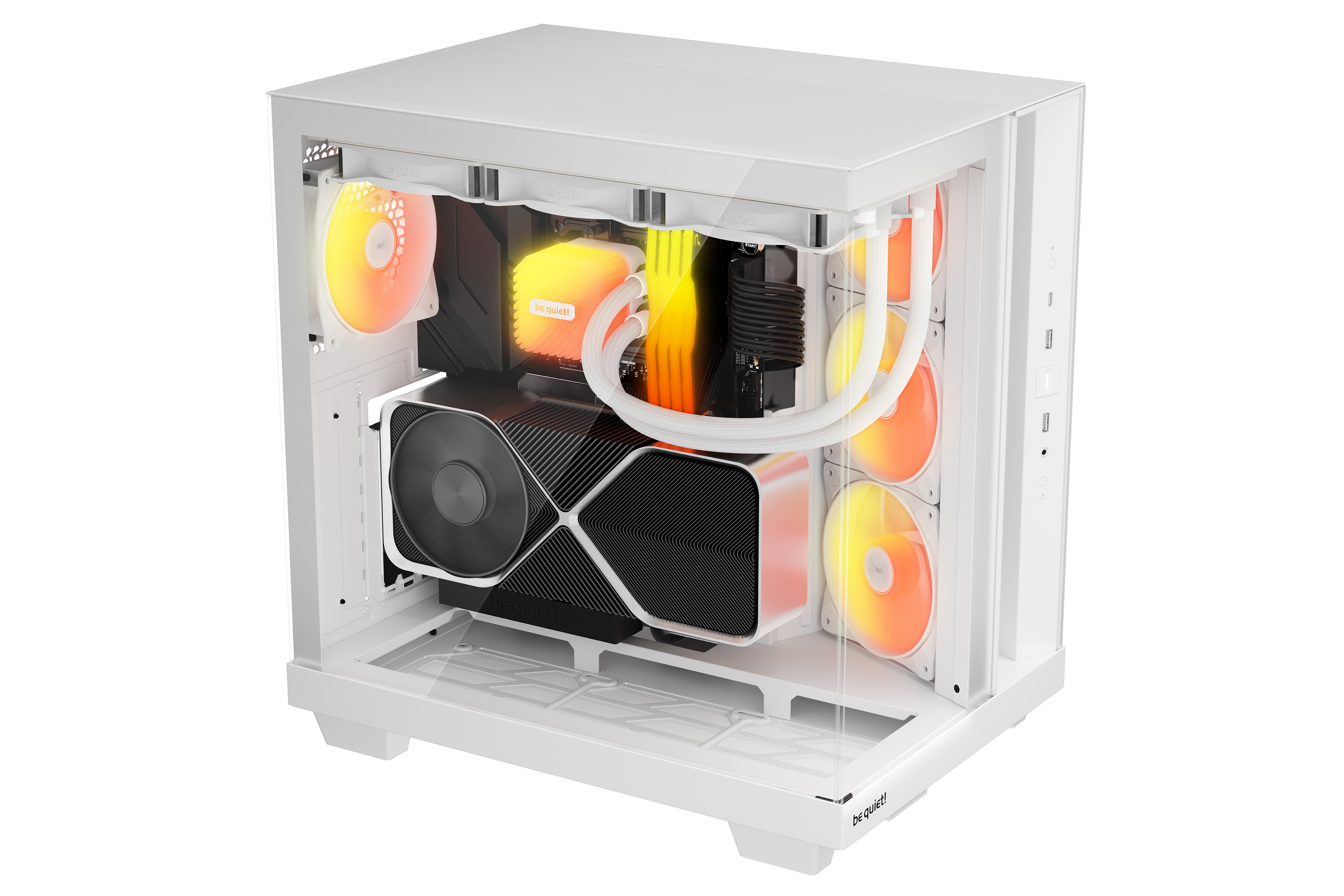 Weißes PC-Gehäuse mit Komponenten, darunter Lüfter und Grafikkarte. Orange und gelbe Beleuchtung ist sichtbar.
