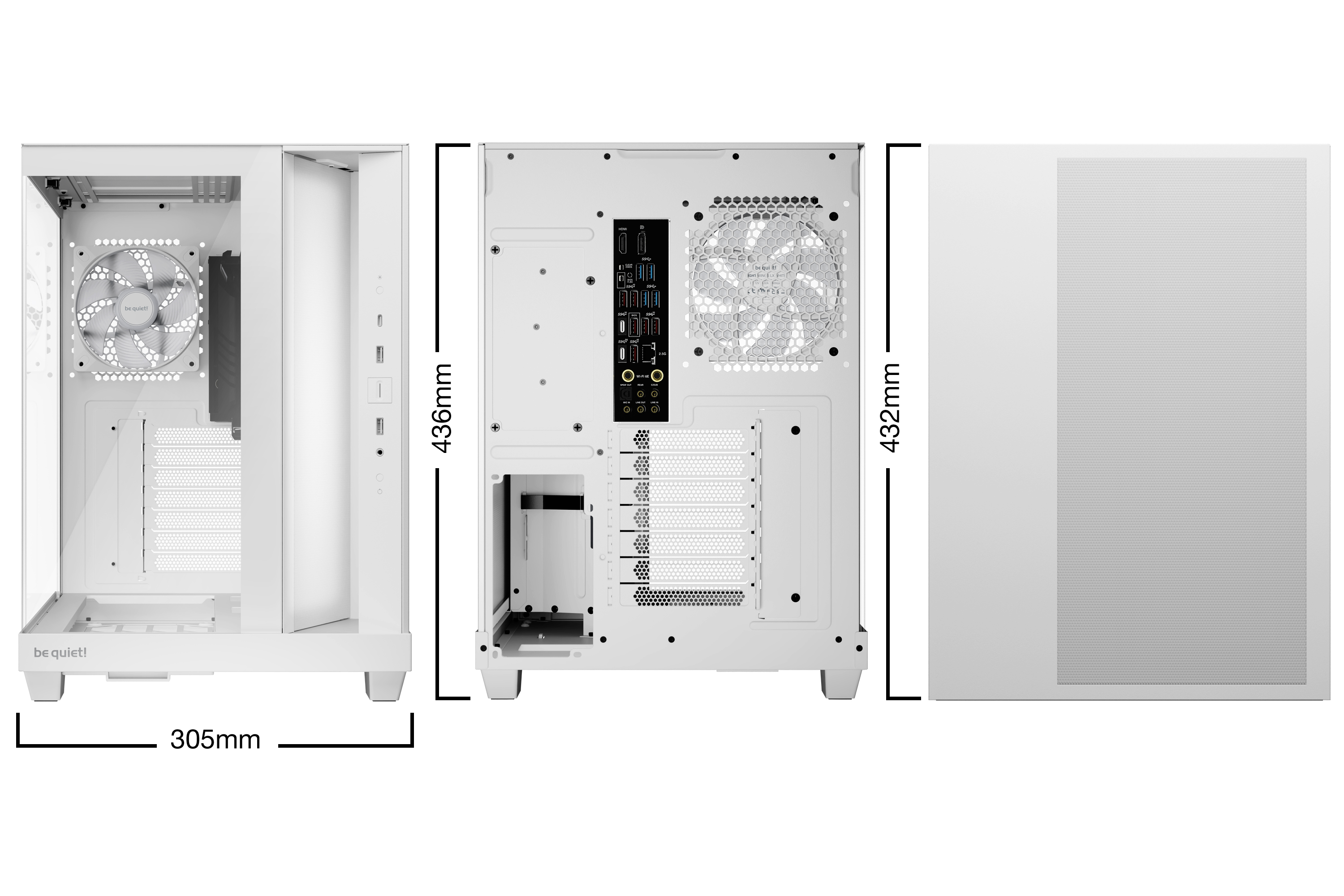 Ein weißes Computergehäuse mit Abmessungen. Enthält einen Lüfter, Anschlüsse und eine Seitenwand mit Mesh.