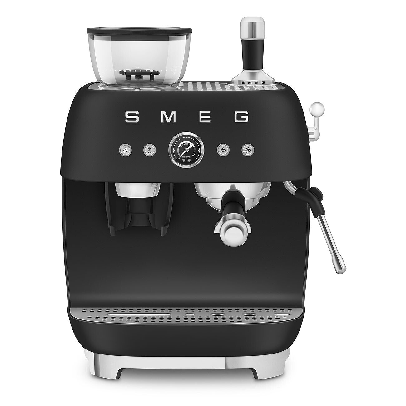 Schwarze Smeg Espressomaschine. Sie hat einen Kaffeebohnenmahler, ein Manometer und eine Dampflanze.