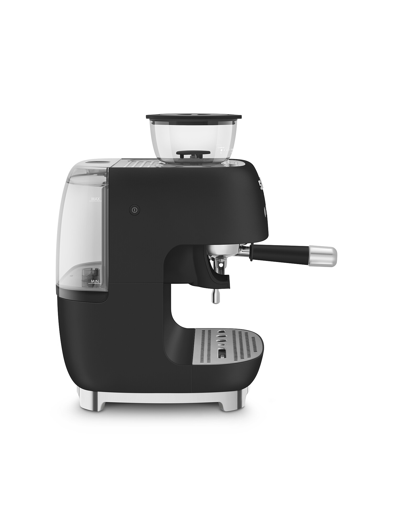 Schwarze und silberne Espressomaschine. Sie hat einen Wassertank, einen Kaffeebohnenbehälter und einen Siebträger.