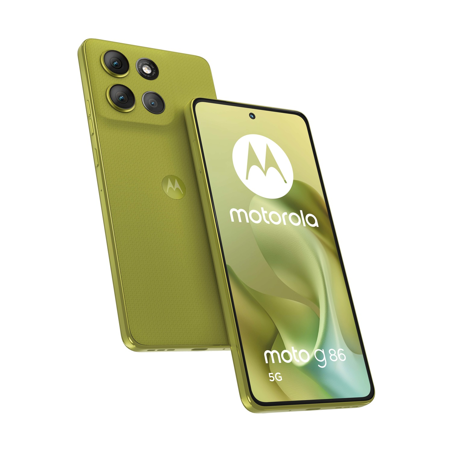 Due telefoni Motorola Moto g86 5G verdi. Uno mostra lo schermo con logo e nome. L'altro mostra il retro con le fotocamere.