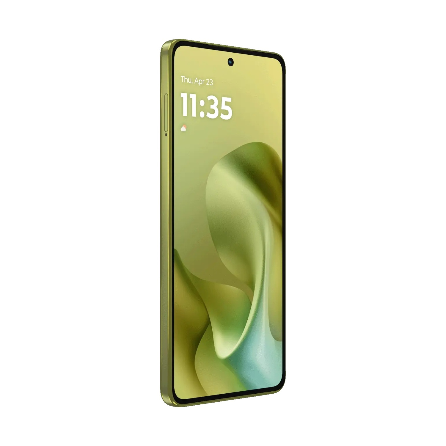 Uno smartphone in una custodia verde chiaro è mostrato in diagonale. Lo schermo mostra la data, giovedì 23 aprile, e l'ora, 11:35.