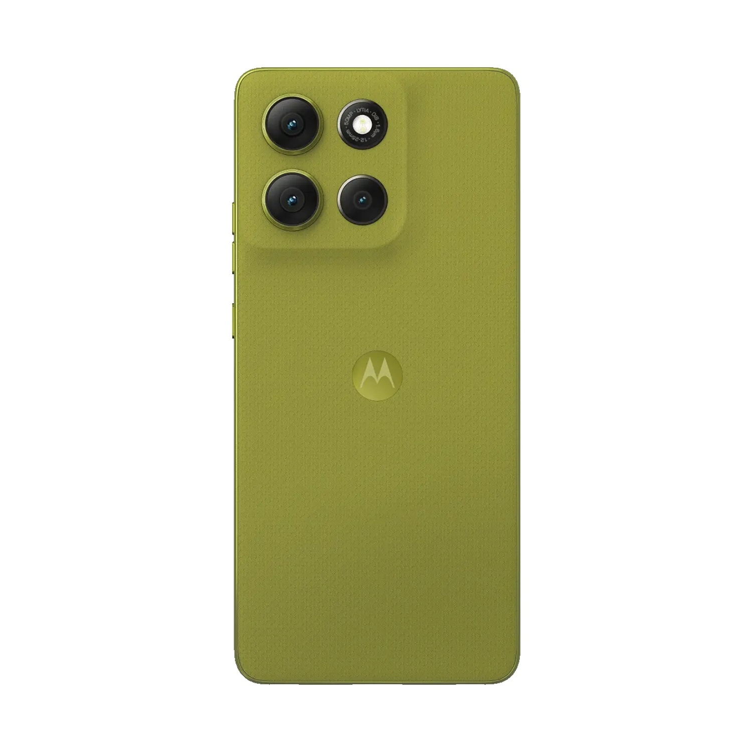 Retro smartphone verde oliva. Quattro lenti della fotocamera in alto. Logo Motorola in basso. Superficie strutturata.