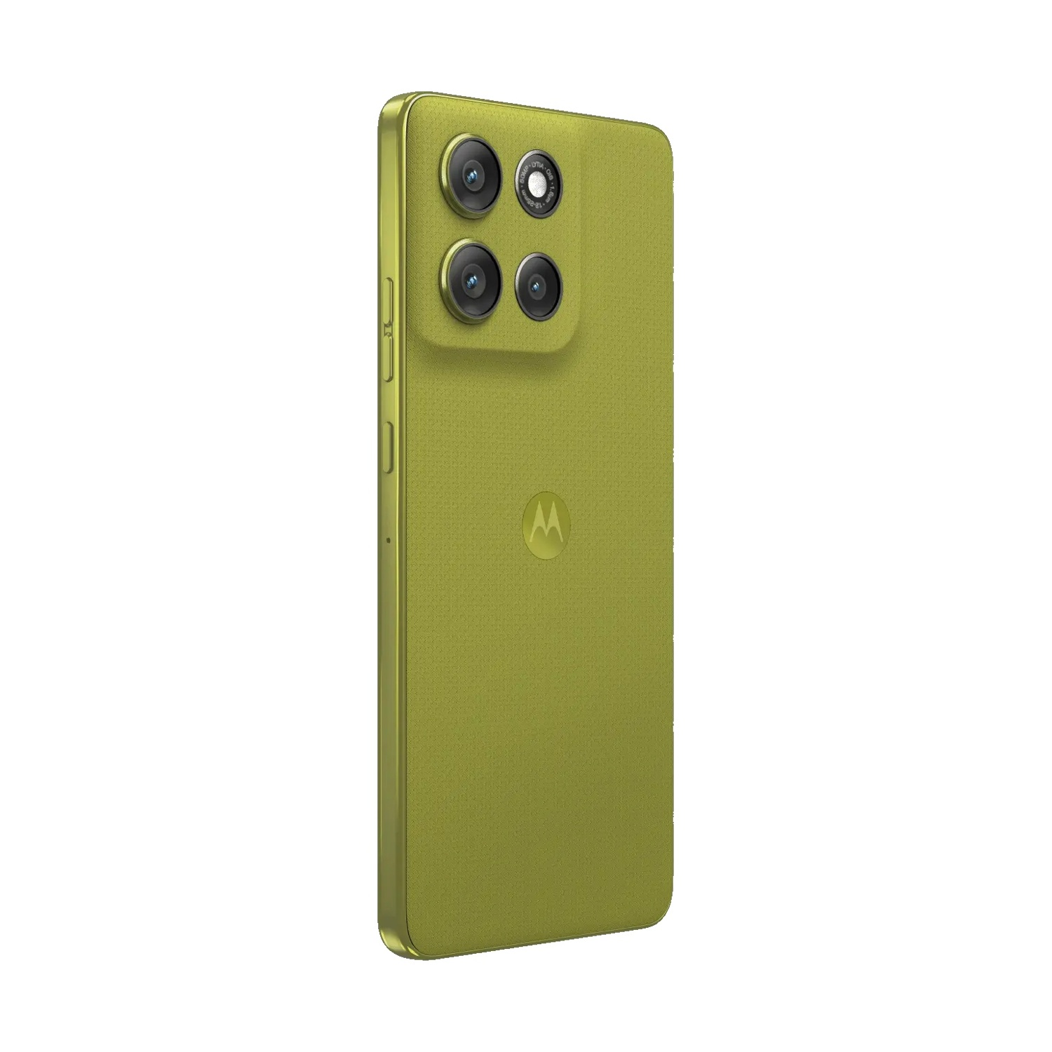 Un telefono Motorola verde lime, angolato a destra. Ha più fotocamere posteriori e un logo Motorola. Lo sfondo è bianco.