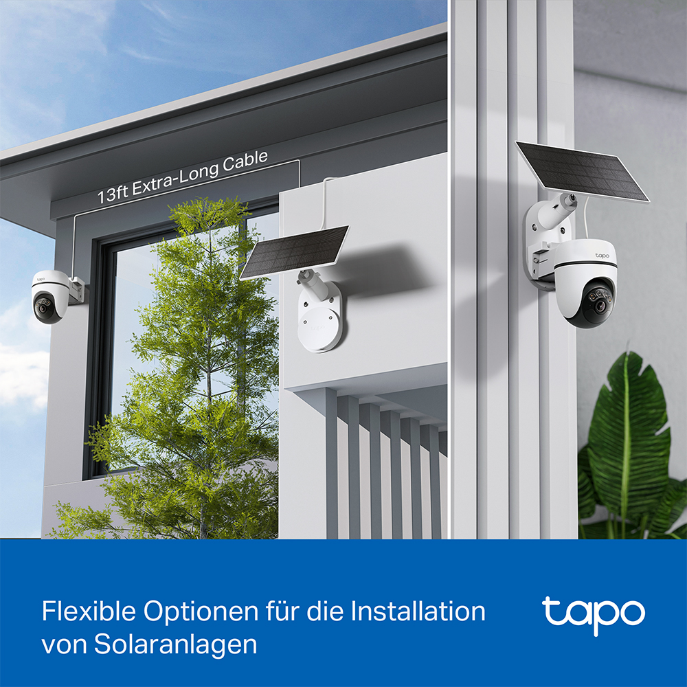 Zwei weiße Überwachungskameras mit Solarpanelen, an einem Gebäude installiert. Text: '13 Fuß extra langes Kabel'.