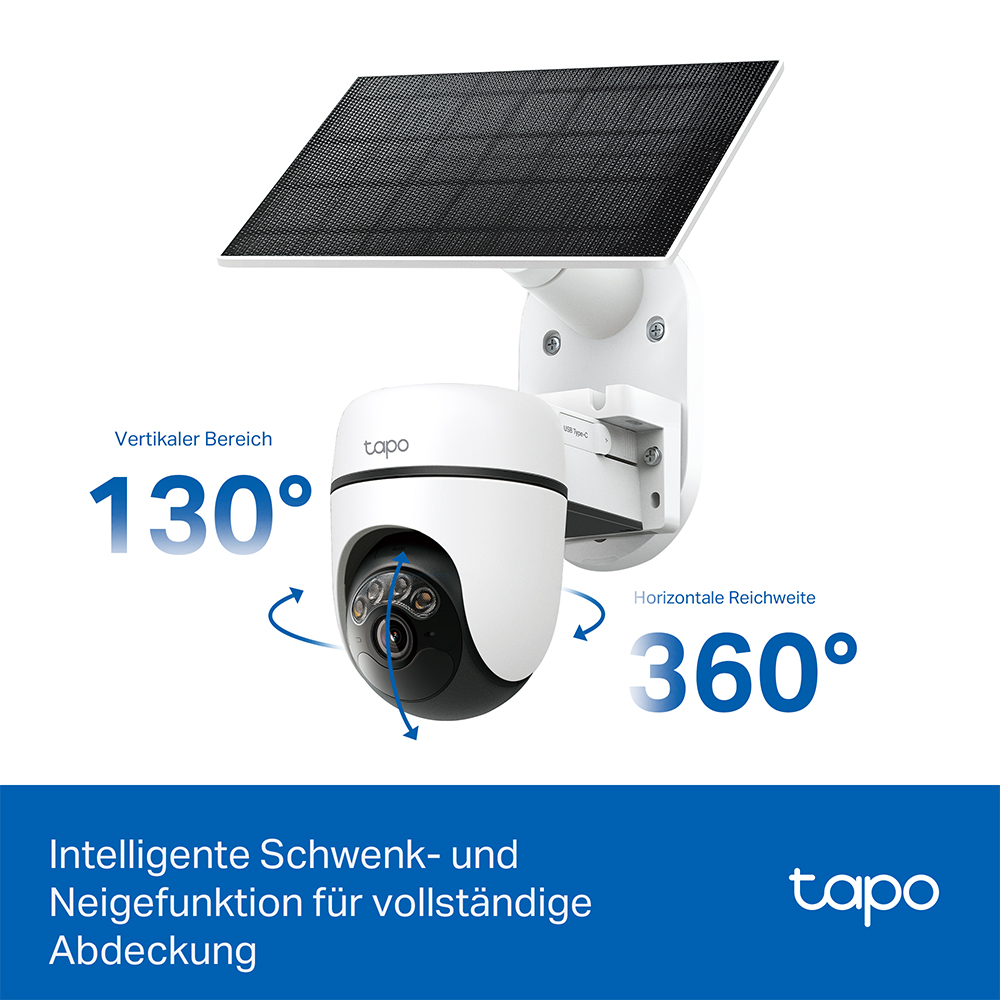Eine weiße Tapo-Überwachungskamera mit Solarpanel. Sie hat einen vertikalen und horizontalen Bereich.