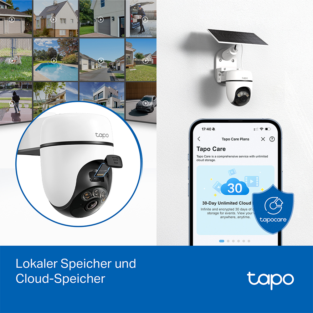 Das Bild zeigt eine Überwachungskamera, ein Telefon mit einem Cloud-Speicherplan und eine Übersicht über Hausüberwachungsmaterial.