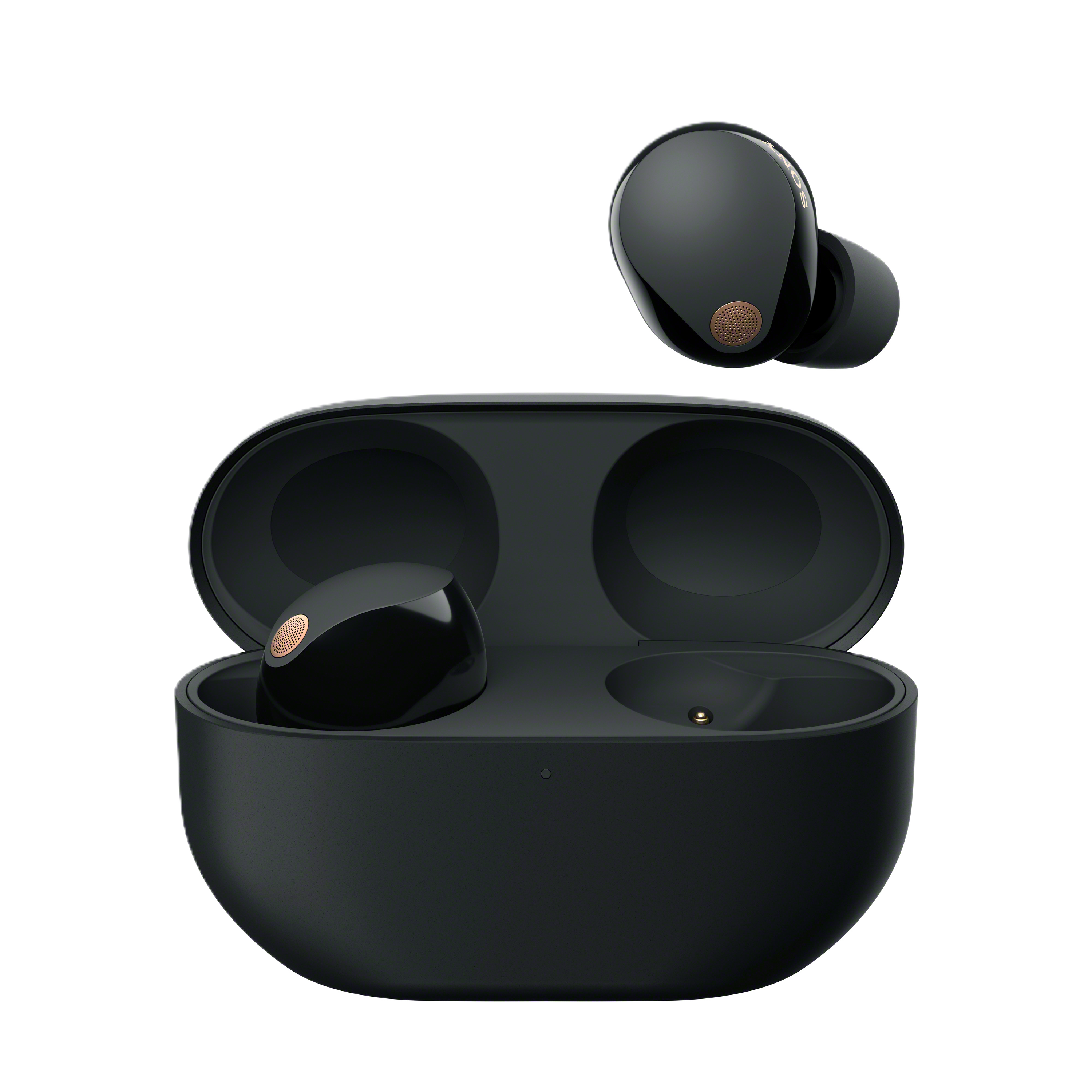 Schwarze kabellose Ohrhörer mit Ladecase. Ein Ohrhörer ist außerhalb des Gehäuses. Kupferakzente sind sichtbar.