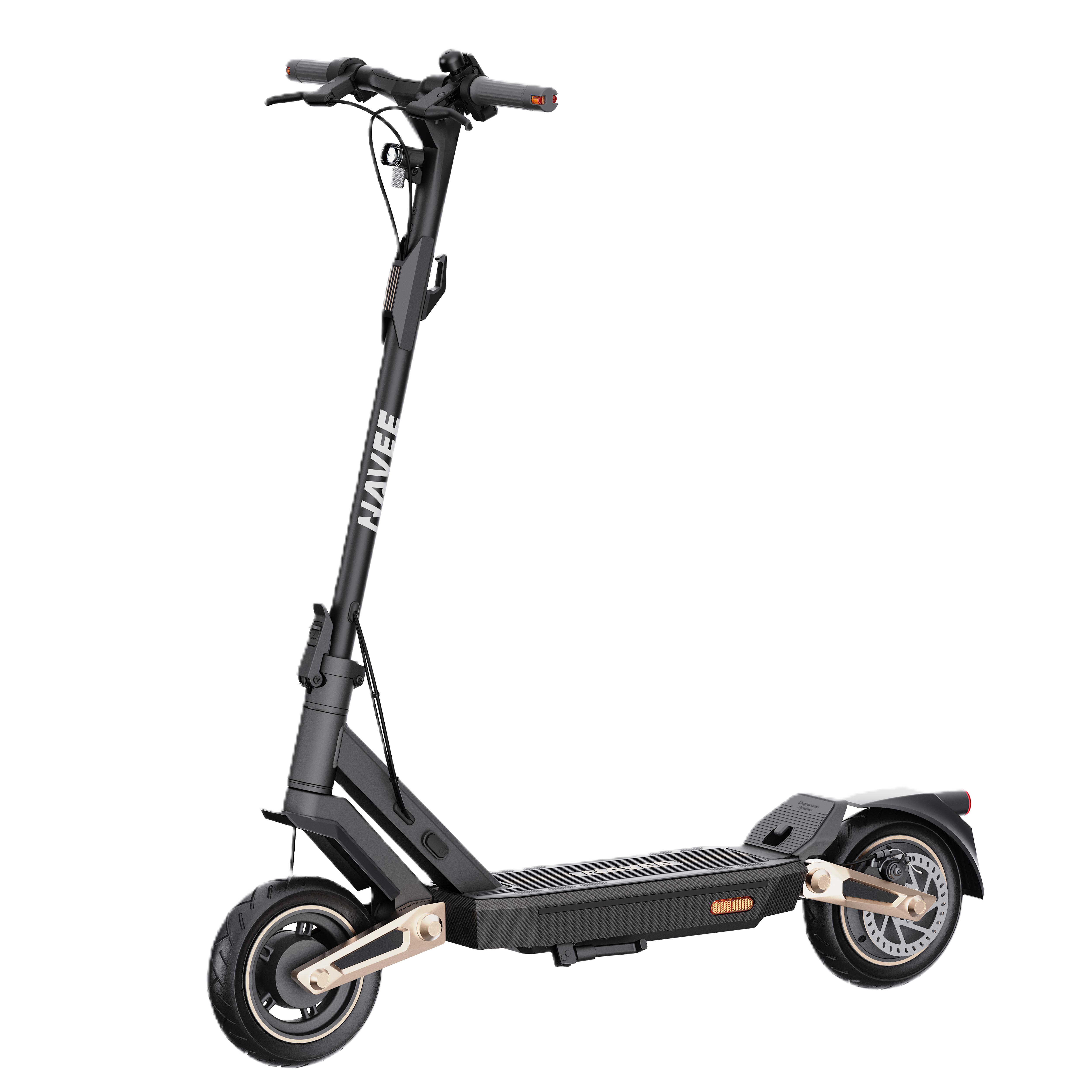 Schwarzer Elektroroller mit goldenen Akzenten, HAAVEE-Logo auf dem Schaft, auf schwarzem Hintergrund.