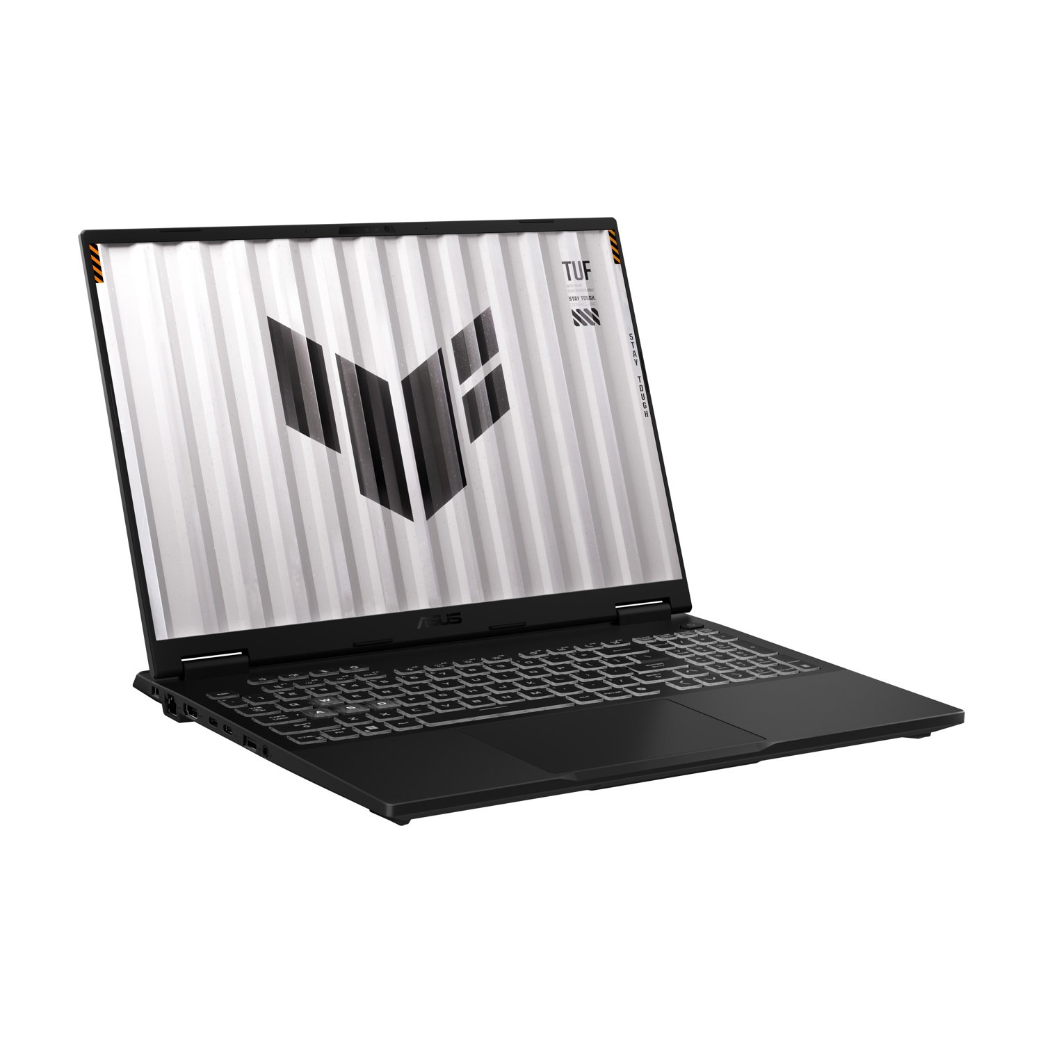 Laptop ASUS TUF nero, aperto ad angolo, mostra schermo bianco con logo nero. Tastiera visibile. Corpo nero.