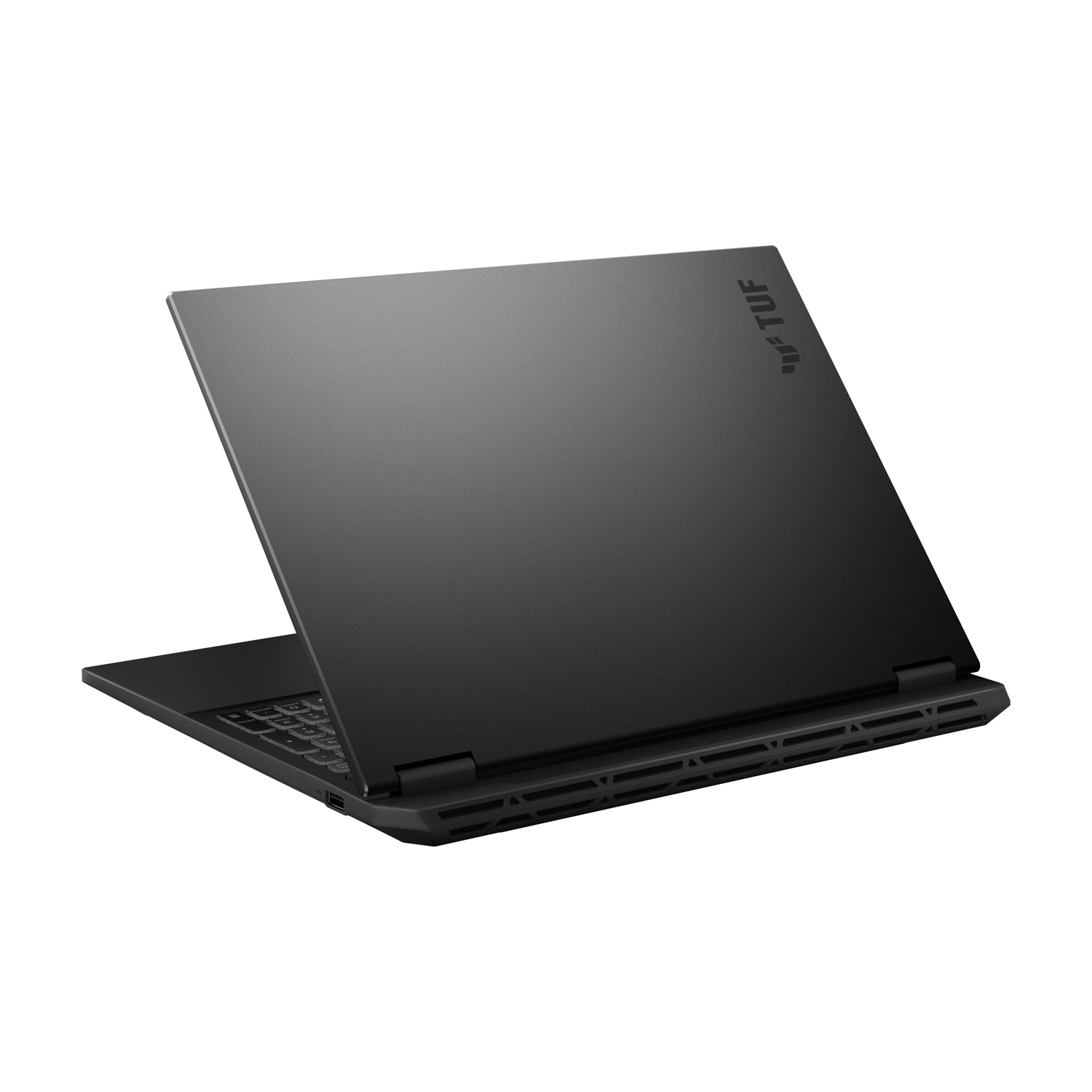 Laptop nero, aperto, mostra tastiera e schermo. Il logo 'TUF' è visibile sul coperchio. Sfondo bianco.