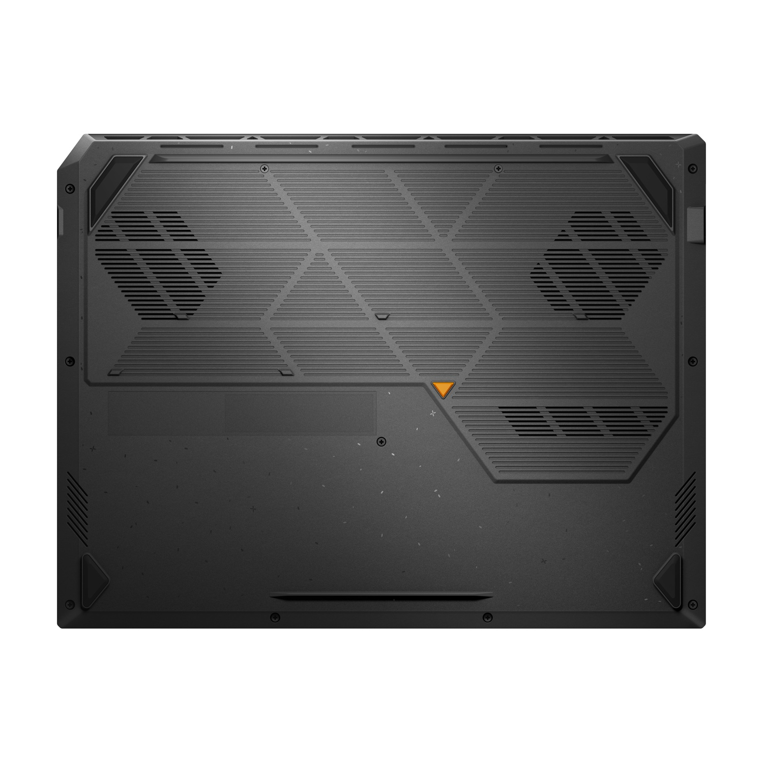 La parte inferiore di un laptop nero. Ha prese d'aria, viti e un dettaglio triangolare arancione.