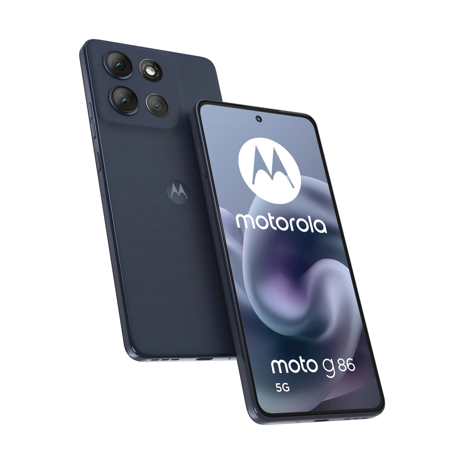 Due smartphone Motorola Moto g86 5G blu scuro. Uno mostra lo schermo con logo e testo. L'altro mostra il retro con le fotocamere.