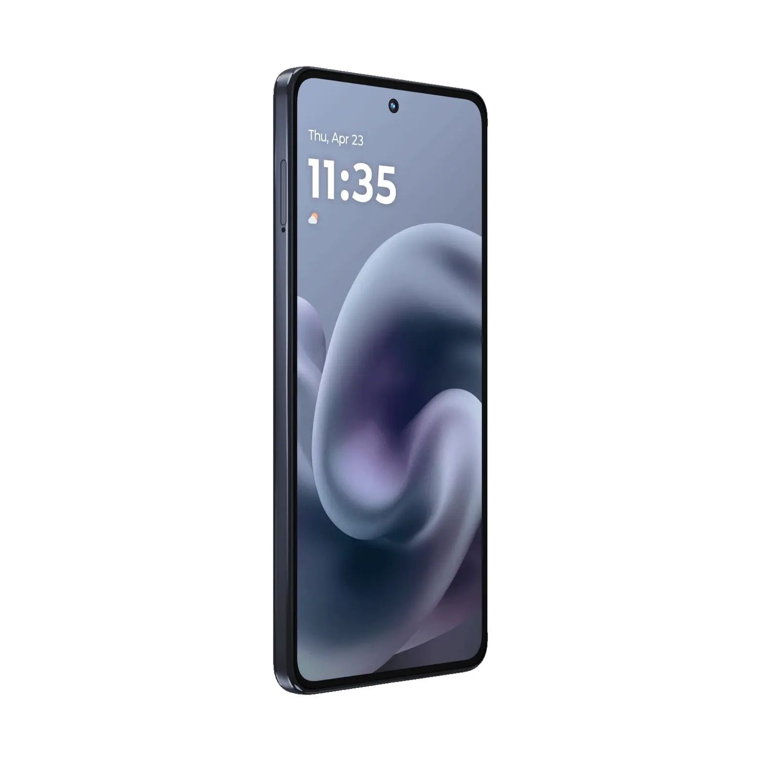 Uno smartphone, cornice nera, che mostra ora, data e immagine astratta. Lo schermo è acceso. Il telefono è angolato, isolato su bianco.