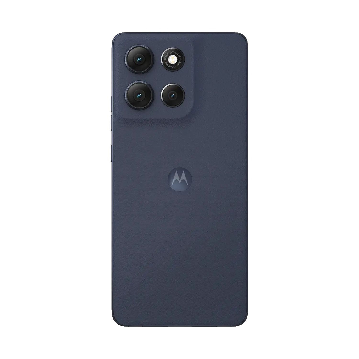 Un telefono Motorola blu scuro. Ha quattro fotocamere posteriori disposte a quadrato. Il logo Motorola è visibile.