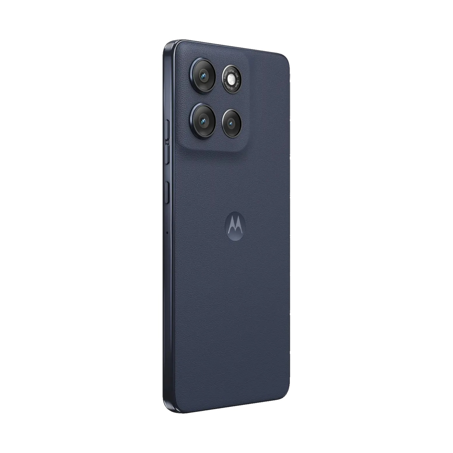 Retro di un telefono Motorola blu scuro. Ha quattro obiettivi, un logo Motorola e pulsanti del volume laterali.