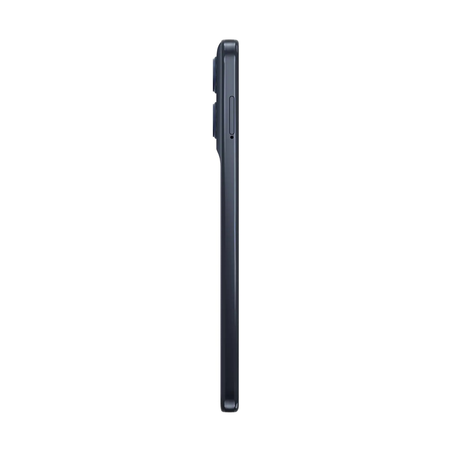 Vista laterale di uno smartphone blu scuro. Il lato del telefono presenta pulsanti e un rilievo della fotocamera. Lo sfondo è bianco.