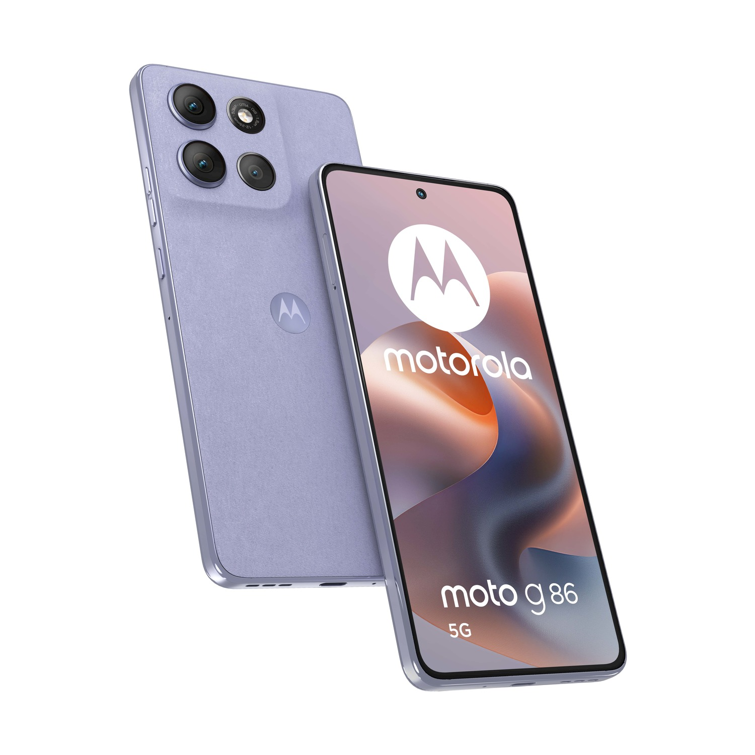 Due telefoni Motorola Moto G86 5G. Uno mostra il logo e il modello, l'altro le lenti della fotocamera. Entrambi sono viola chiaro su sfondo bianco.