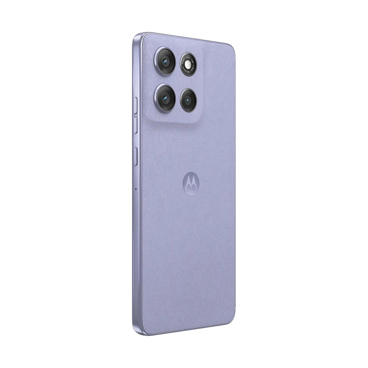 Uno smartphone lavanda con tre lenti della fotocamera è leggermente angolato. Il logo Motorola è visibile sul retro.