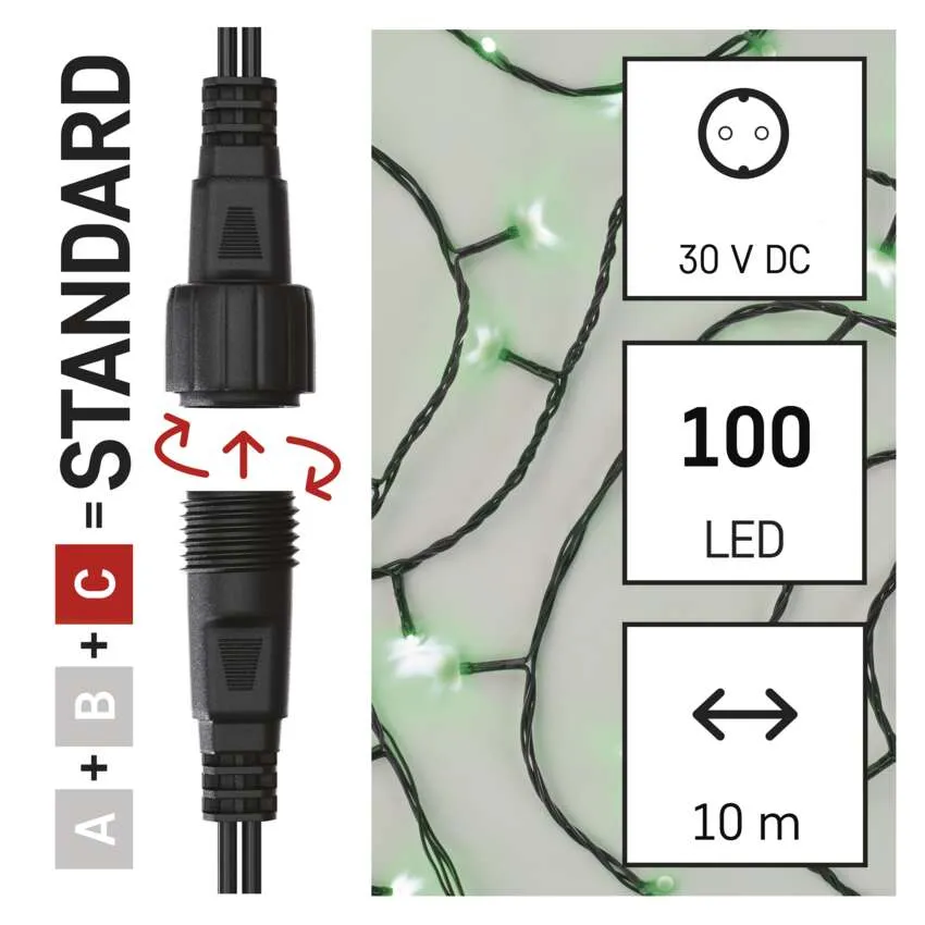 A képen egy fekete csatlakozó és LED-lámpák láthatók. A részletek között szerepel a 30 V DC, 100 LED és a 10 m-es hossz.