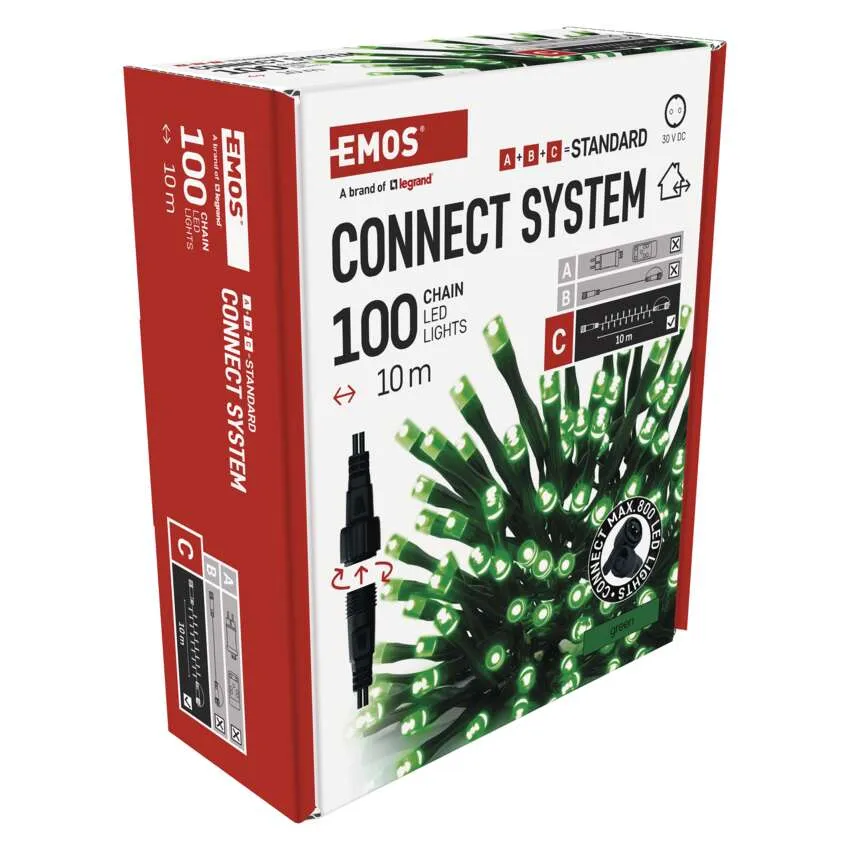 EMOS Connect System LED-lámpák doboza, 100 lámpa, zöld. Piros oldala és fehér eleje van, termékadatokkal.