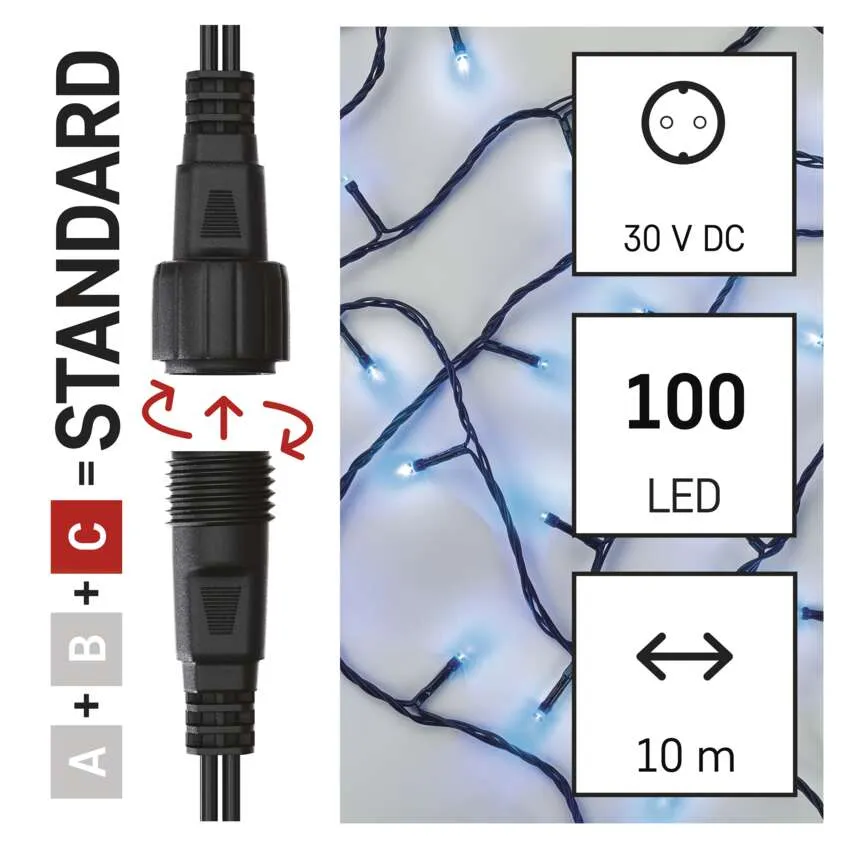 A képen egy csatlakozó, LED-lámpák és specifikációk láthatók: 30V DC, 100 LED és 10 m hossz. A csatlakozón nyilak jelzik a csatlakozást.