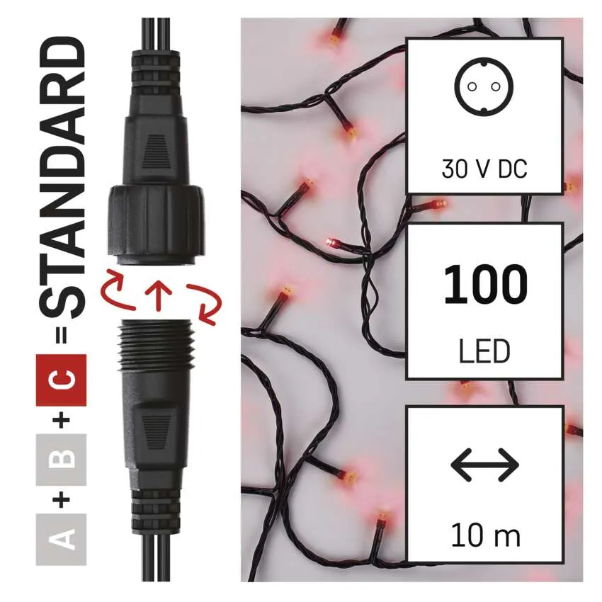 A képen egy fekete LED-es lánc, csatlakozók és címkék láthatók: 30 V DC, 100 LED és 10 m. Egy szabványos C csatlakozó látható.