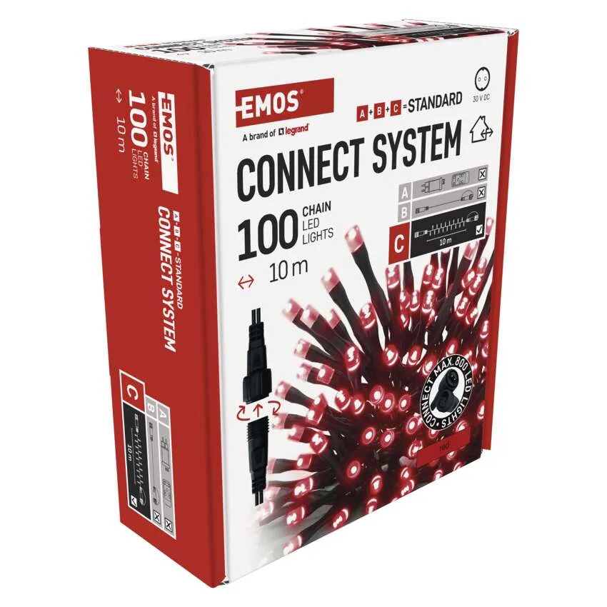 EMOS Connect System 100 LED-es lámpák doboza, piros, 10m. Termékadatokat és csatlakozási rajzokat jelenít meg.