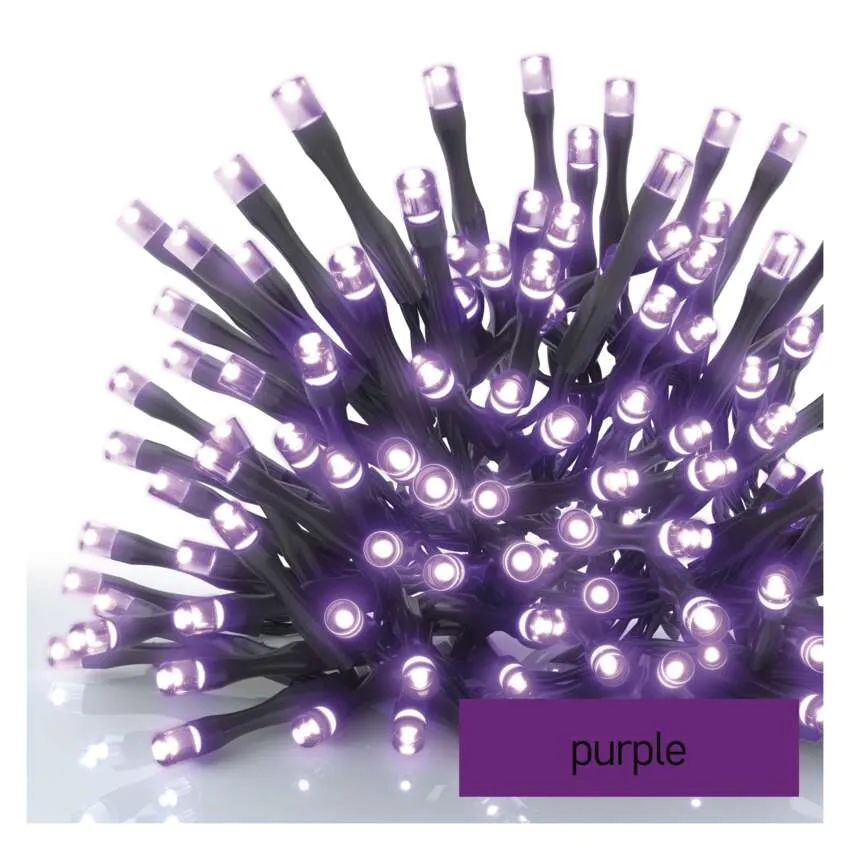 Egy lila LED-es füzér a fehér háttéren. A 'purple' szó egy lila téglalapban szerepel.