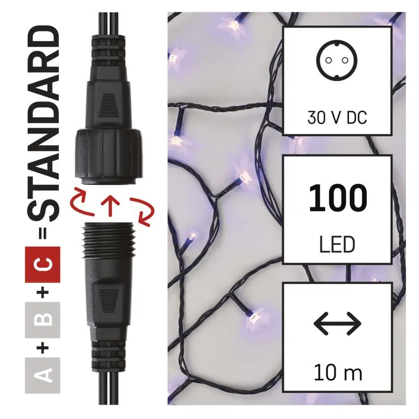 A képen egy fekete LED-sor, csatlakozók és infografikák láthatók. A csatlakozó a 'STANDARD' feliratot viseli. Az infografikák a feszültséget, a LED-ek számát és a hosszt mutatják.