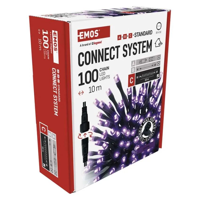 Egy doboz Emos Connect System 100 LED-es füzérfény. A doboz a termék részleteit és a lila lámpák képét mutatja.