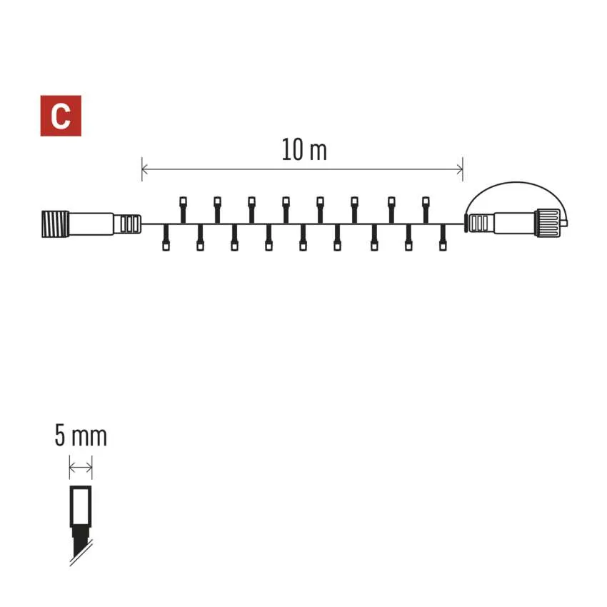 Egy 10 m-es fényfüzér diagramja, mindkét végén csatlakozókkal. A lámpák 5 mm távolságra vannak egymástól. A C betű egy piros négyzetben a bal felső sarokban.