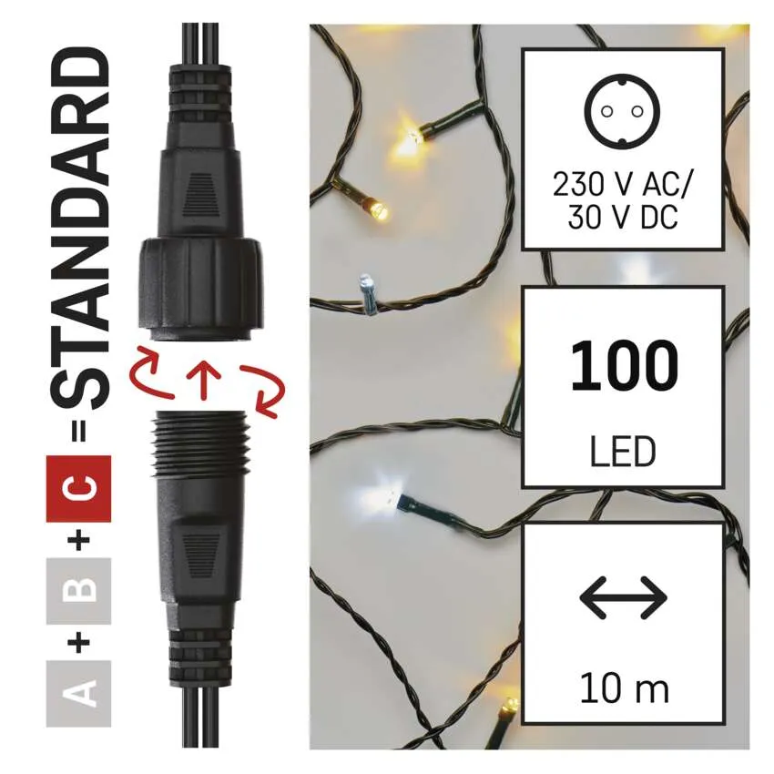 A képen egy csatlakozó, LED-lámpák és szöveg látható. A csatlakozó fekete, a lámpák egy zsinóron vannak. A szöveg tartalmazza a feszültséget, a LED-ek számát és a hosszt.