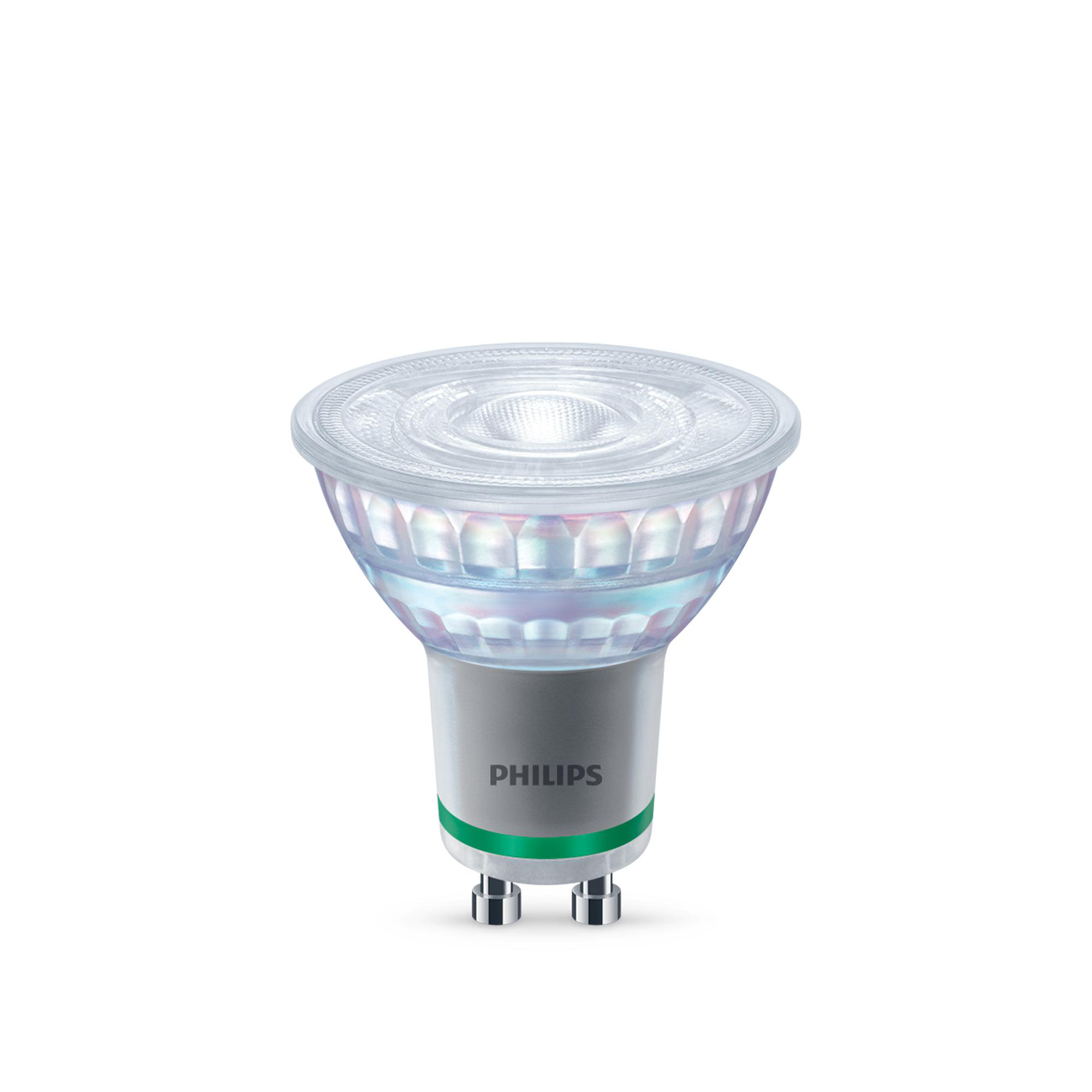 Eine Philips LED-Glühbirne, zylindrische Form mit klarem Oberteil und silberner Basis. Das Philips-Logo ist sichtbar.