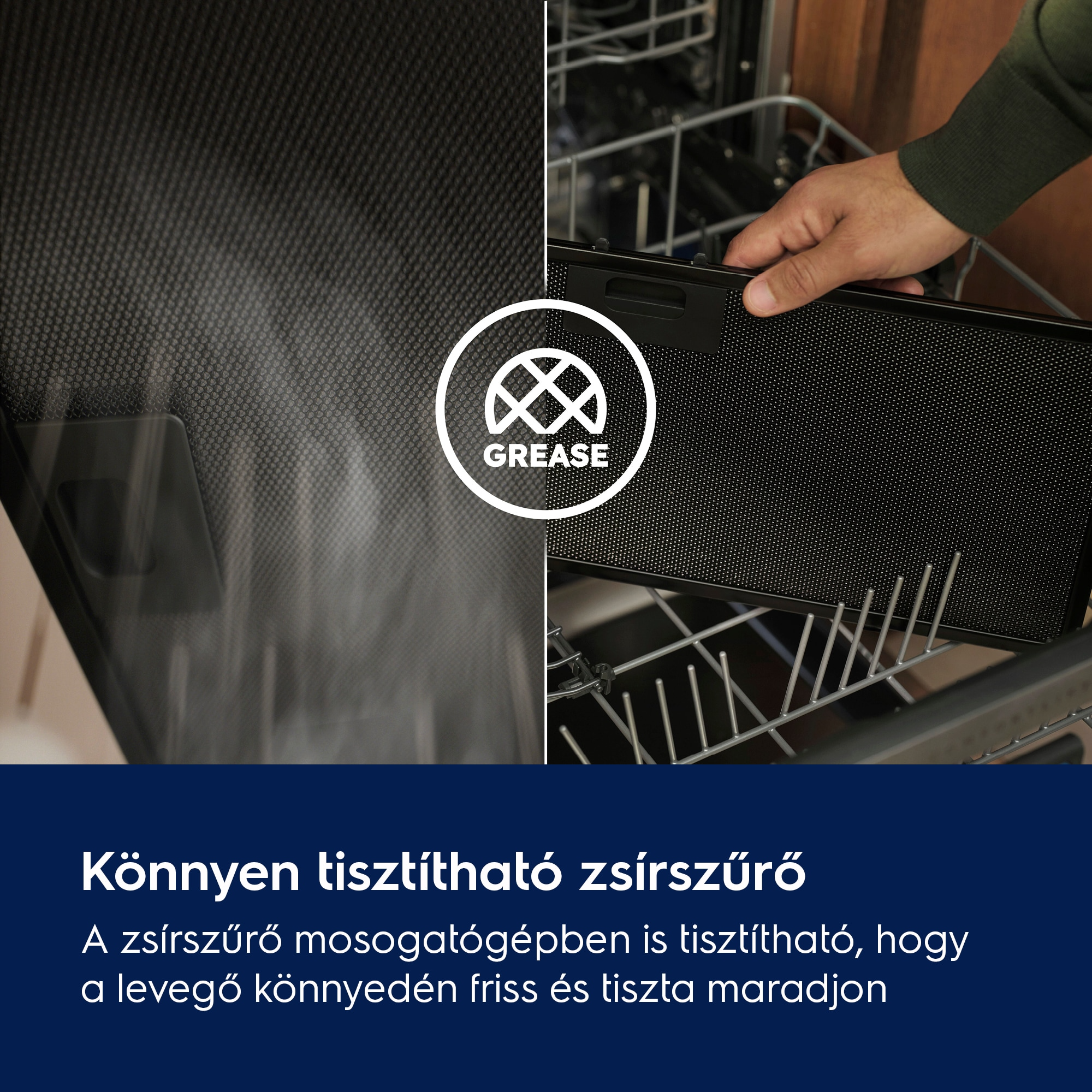 Egy személy egy fekete zsírszűrőt tart, a mosogatógép része. Egy fehér 'ZSÍR' ikon látható.